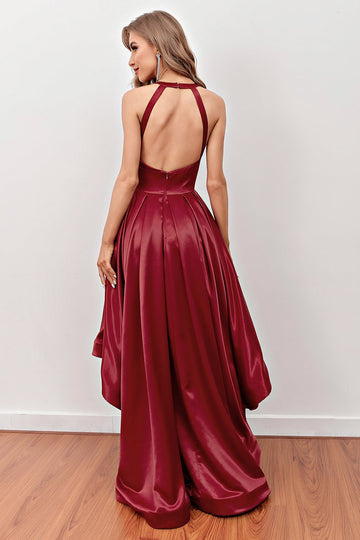 Vestido de fiesta alto bajo burdeos con bolsillos
